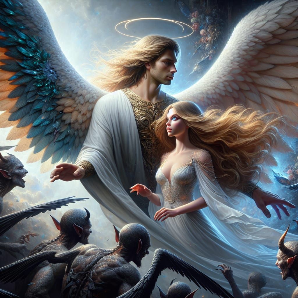 Michael Protects Woman From Demons in Matte Painting