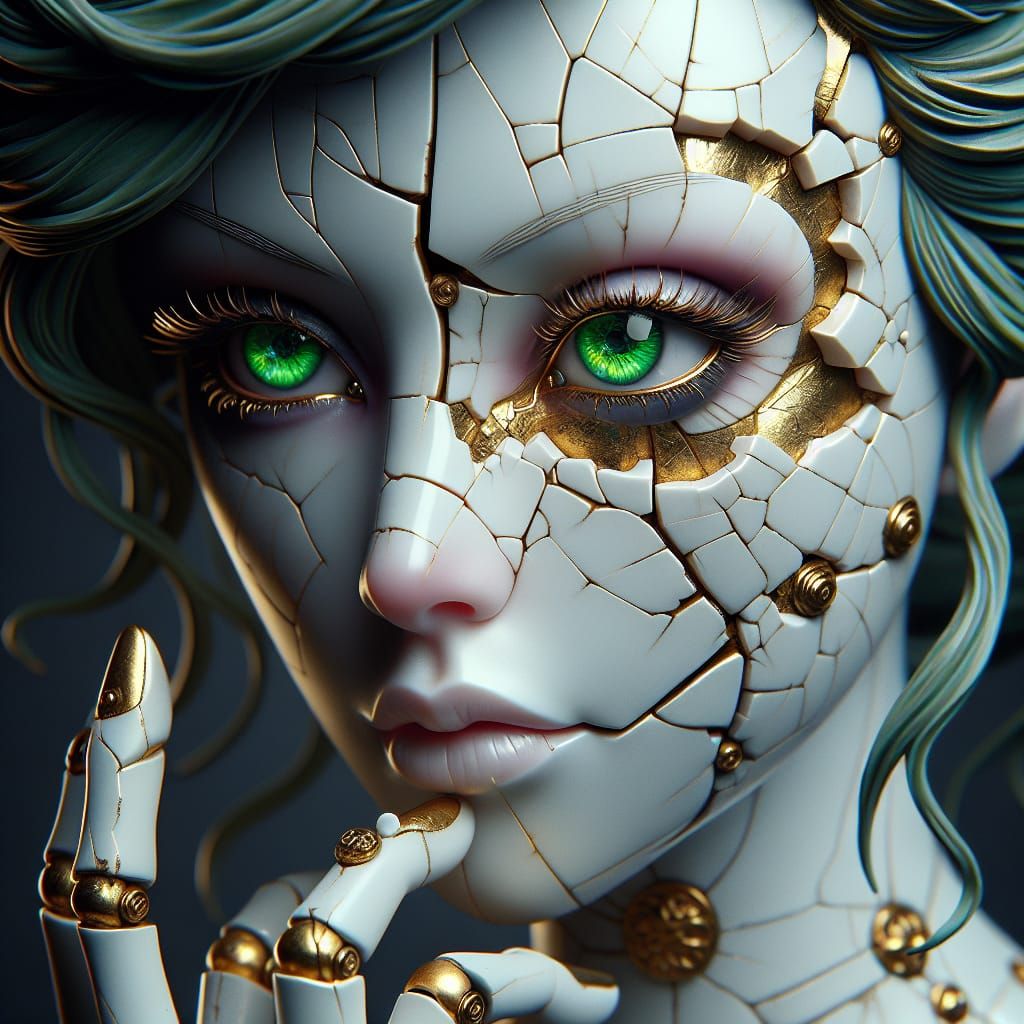 Porcelain Voodoo Doll with Green Eyes, Kintsugi Repair