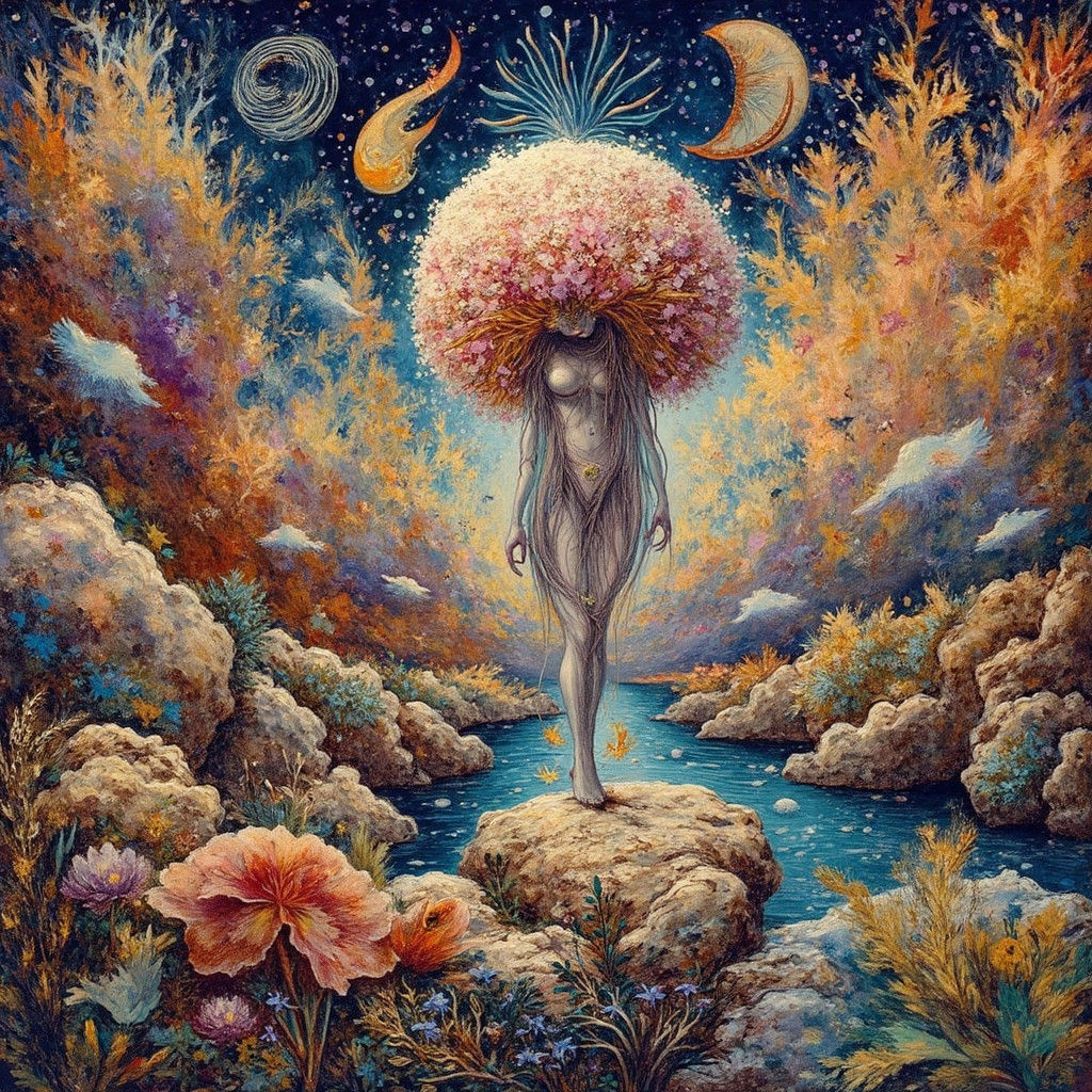 Ethereal Woman in Dreamscape, Visionary Oil Painting