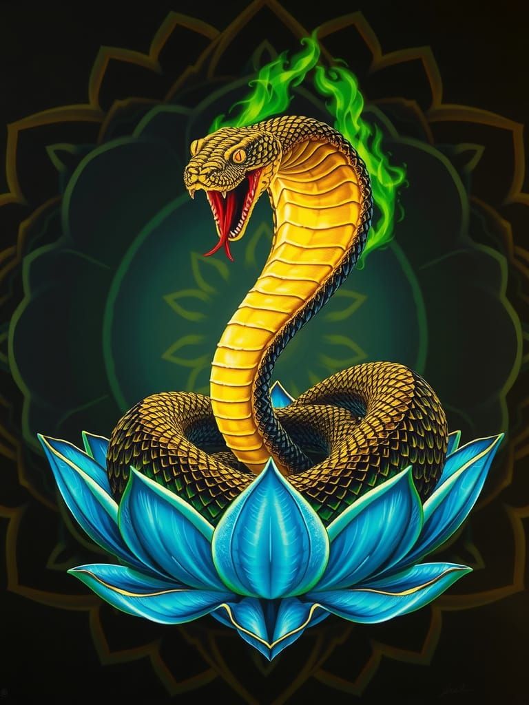 Nagin sitting coiled on a stylised blue lotus flower