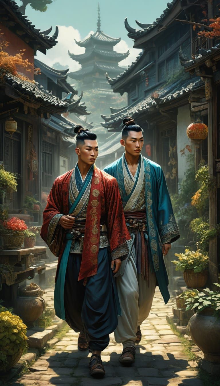 Elegant Asian Couple in Scenic Village - Hyperrealistic Art