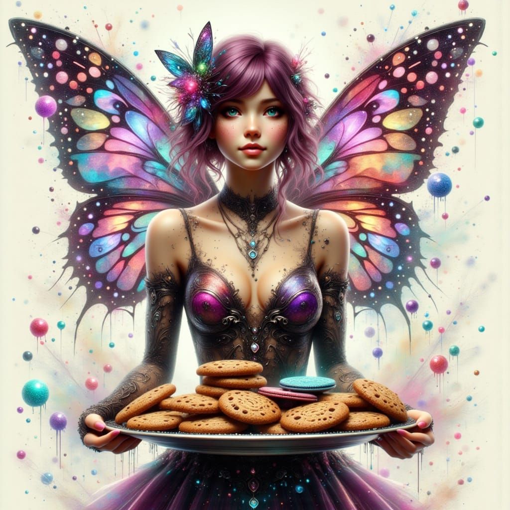 Dreamy Urbanpunk Fairy Holds Cookies in Cyberpunk Style