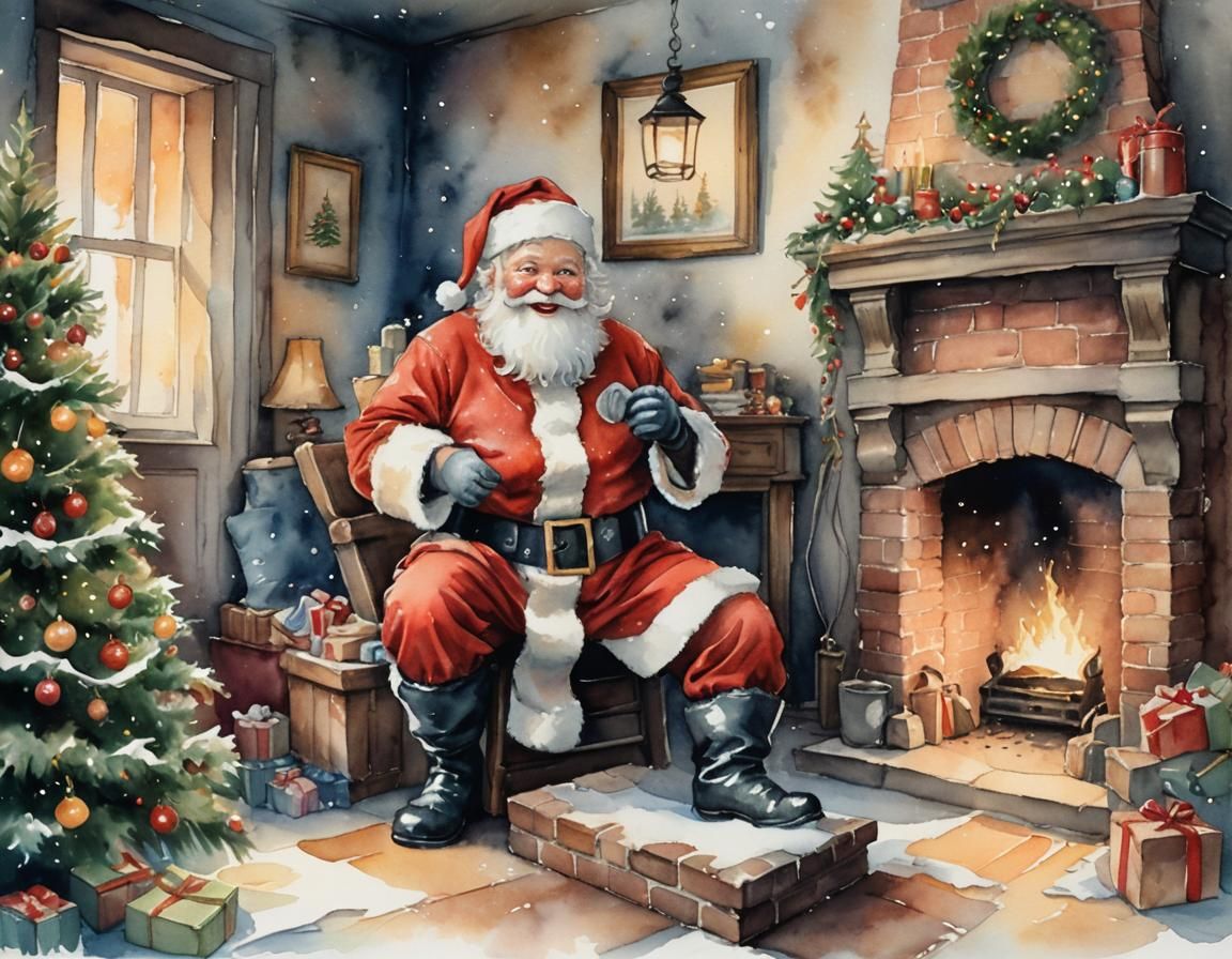 Whimsical Watercolor Christmas Scene with Santa Claus