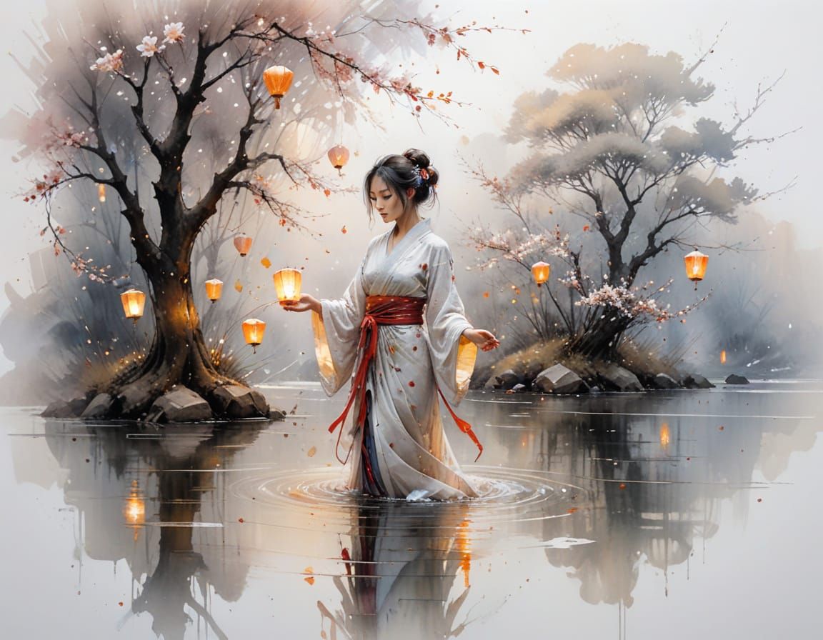 Girl Releasing Lanterns by Misty River at Dusk