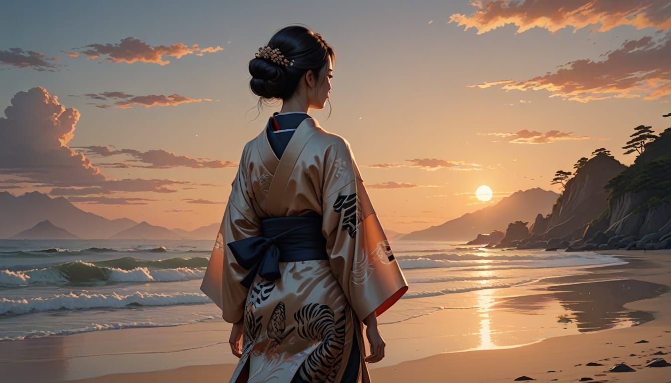 Japanese Woman on Beach at Dusk in Traditional Painting Styl...