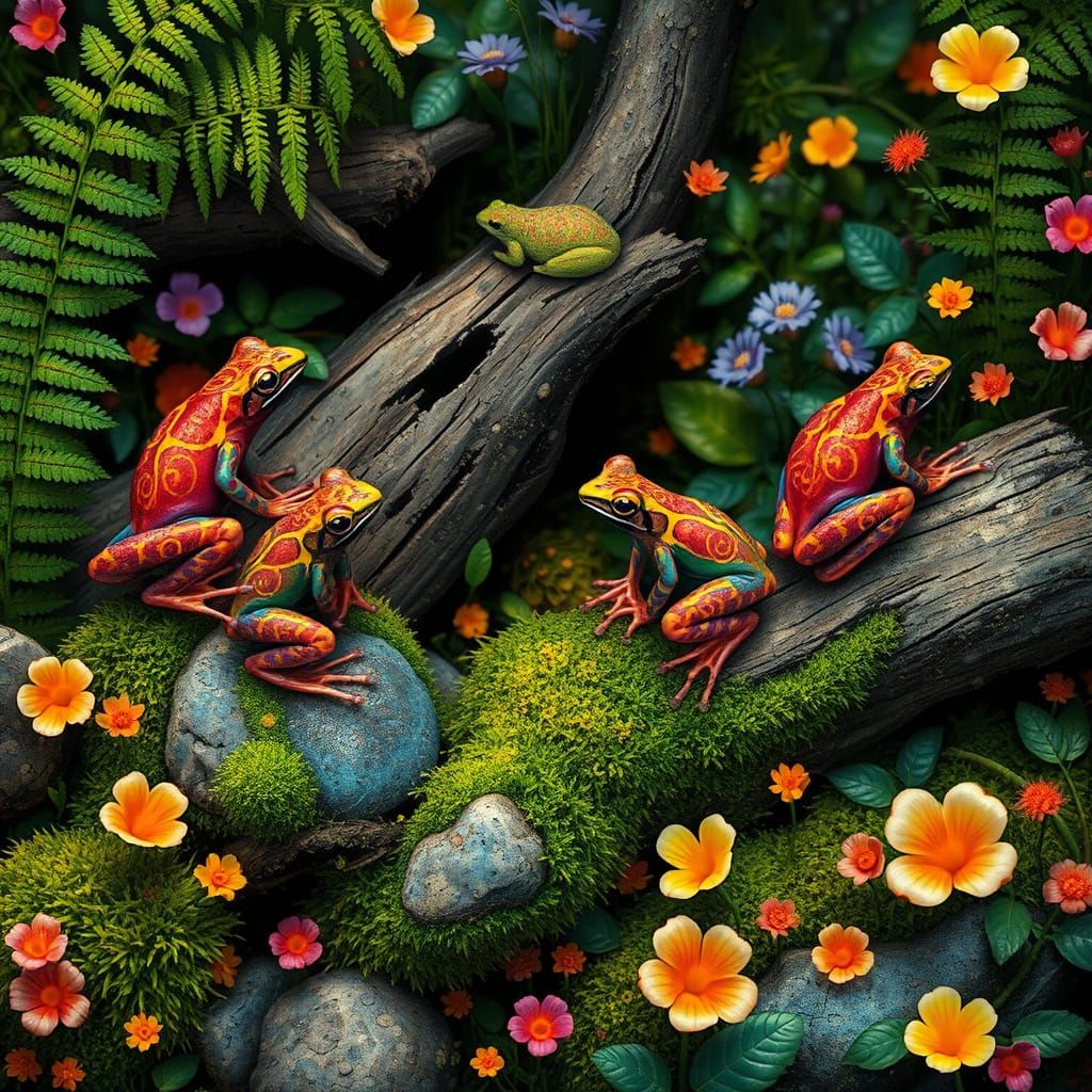 Frogs in Whimsical Forest Landscape
