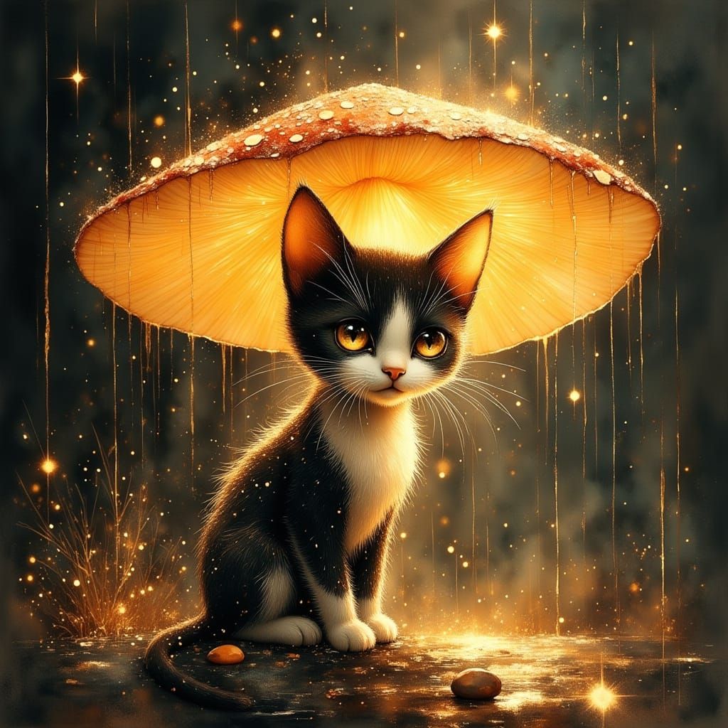 Whimsical Kitten Under Glowing Mushroom During Rainfall