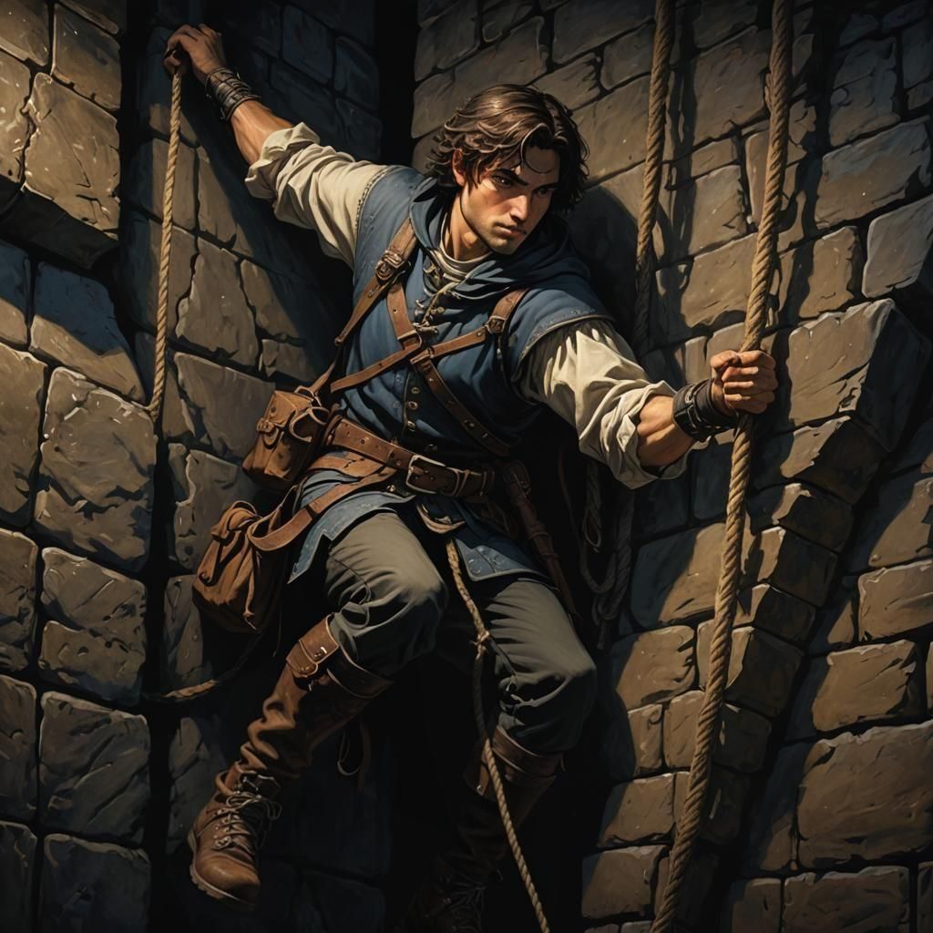 Stealthy Rogue Scaling Castle Wall at Night