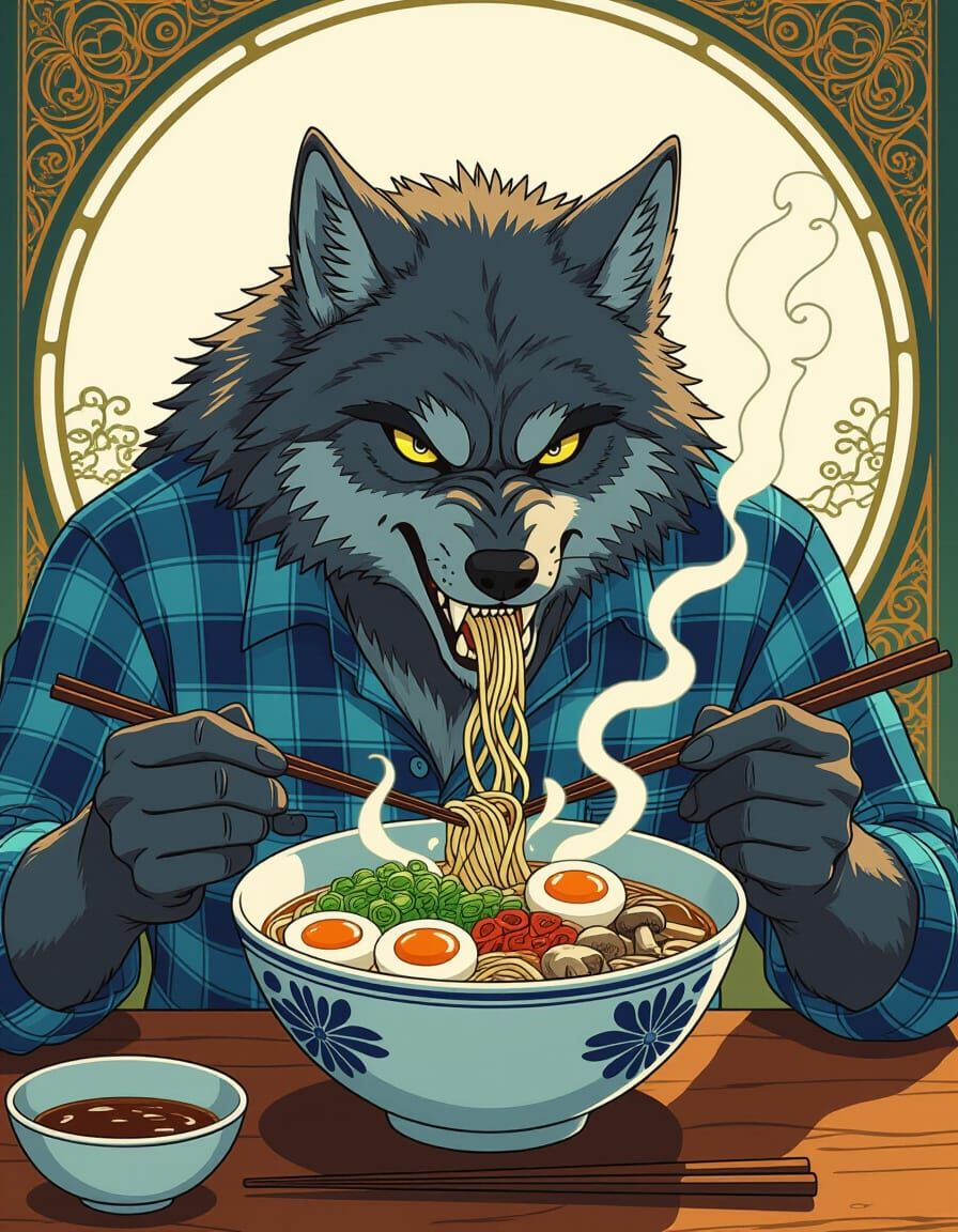 Werewolf Eating Ramen in Art Nouveau Style