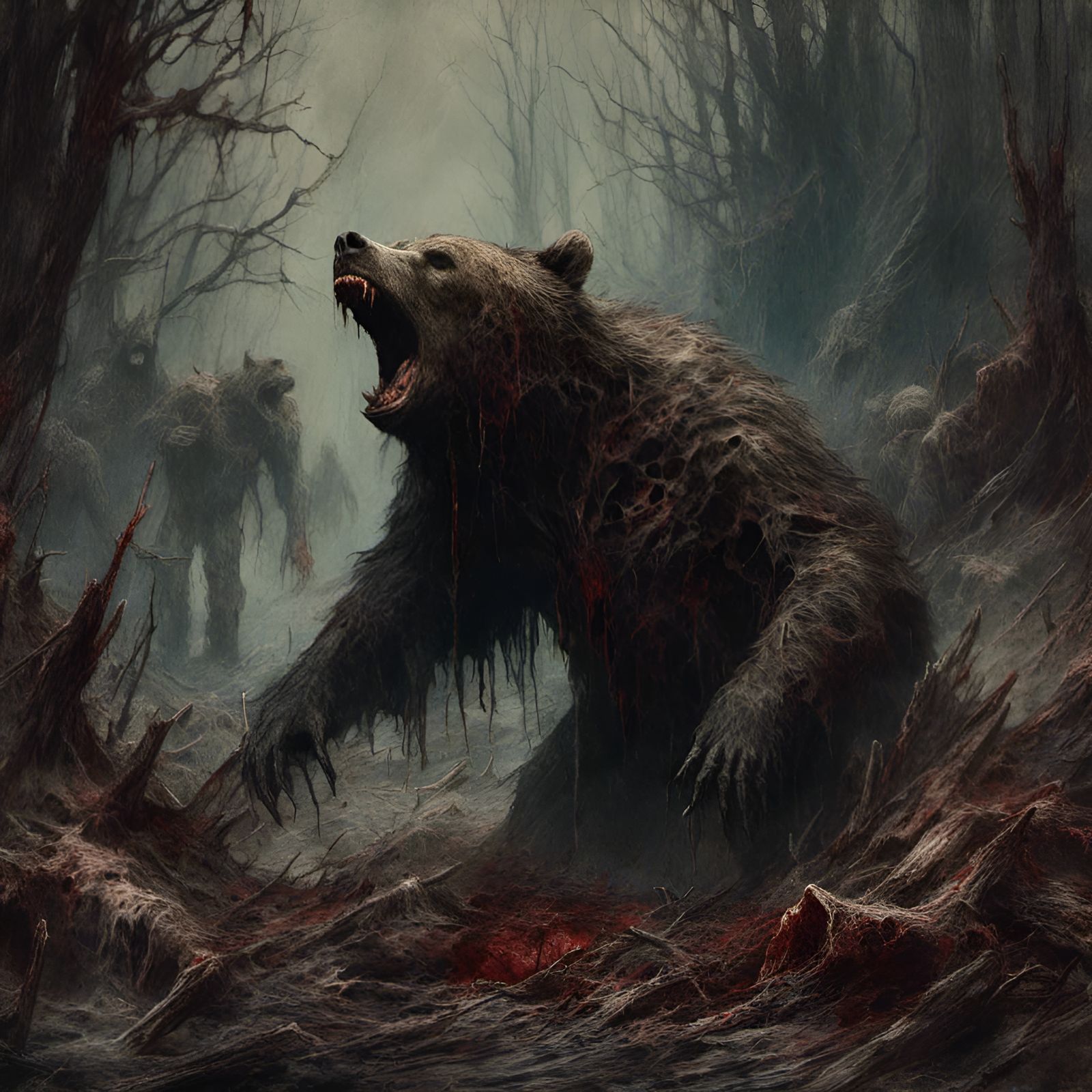 Grizzly Bear Monster Feast in Creepy Comic Style