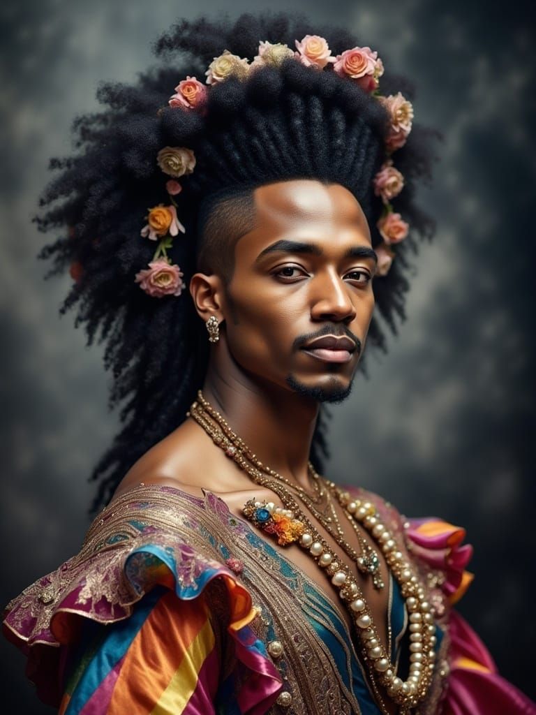 Renaissance-Inspired Polynesian Prince in Vibrant Rococo Gow...