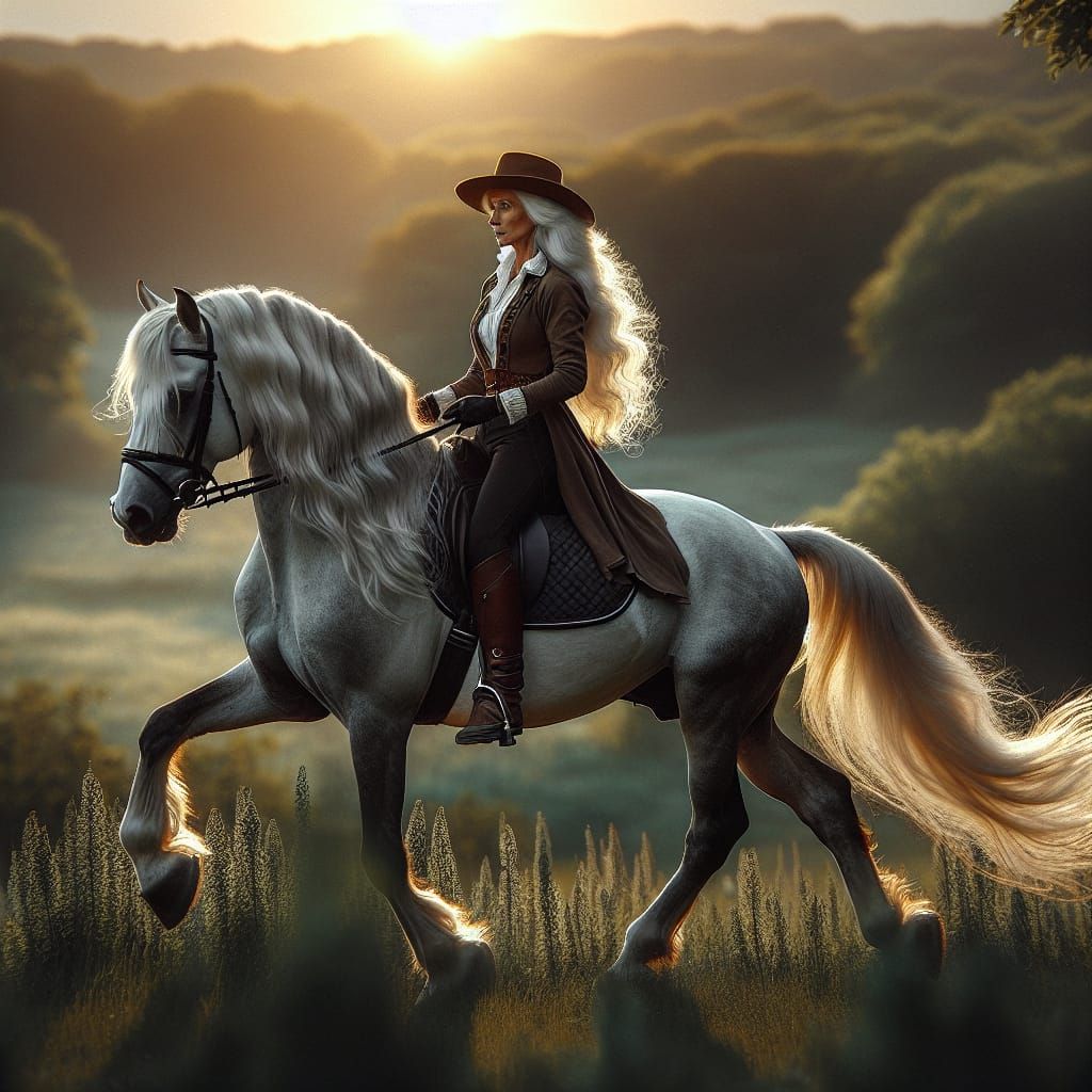 Woman with White Hair on Horseback