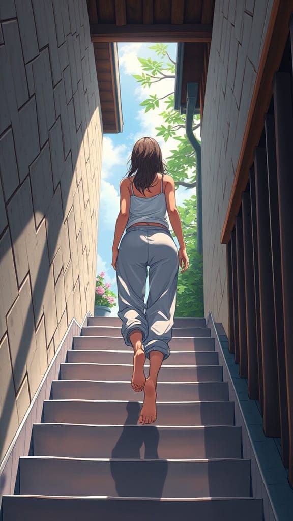 Anime Woman Ascends Stairway in Elegant Style