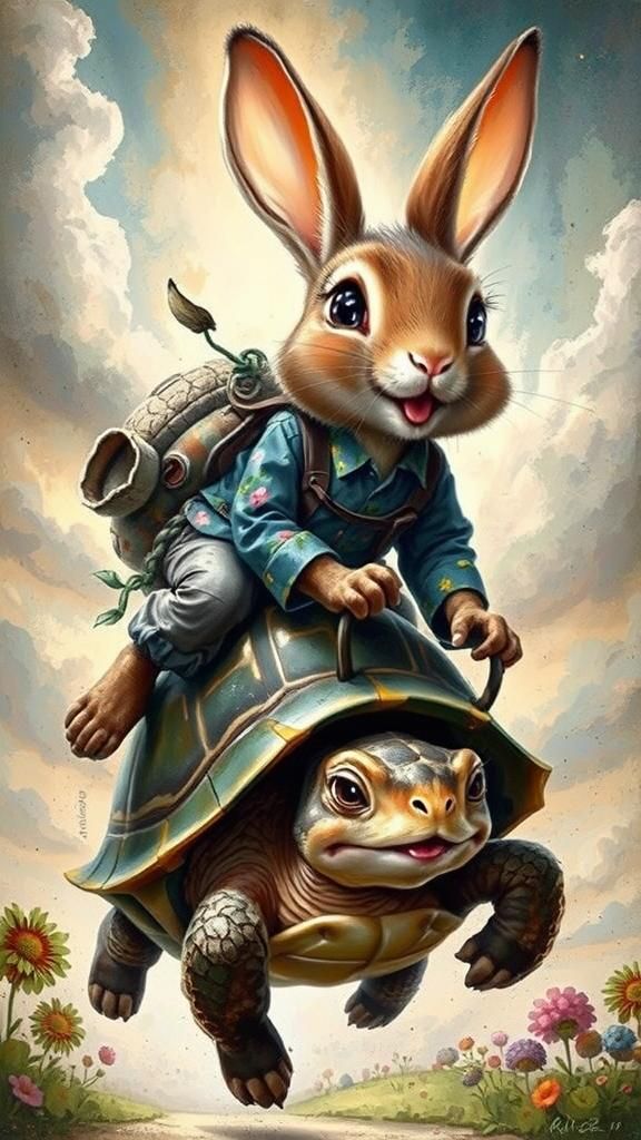 Playful bunny in a bright floral shirt and matching hat, rid...