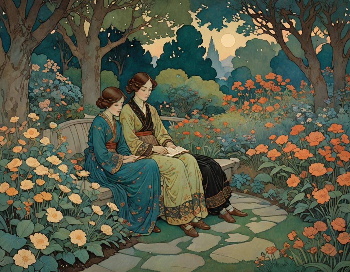 Peaceful Garden Evening, Golden Age Illustration