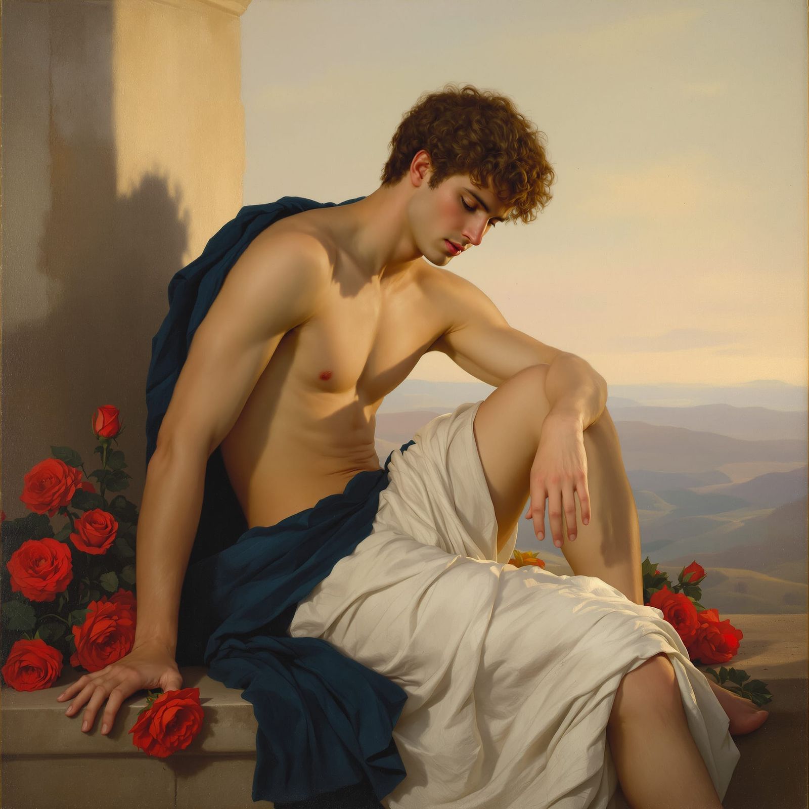 Young Man in Roses, Classical Realism Oil Painting