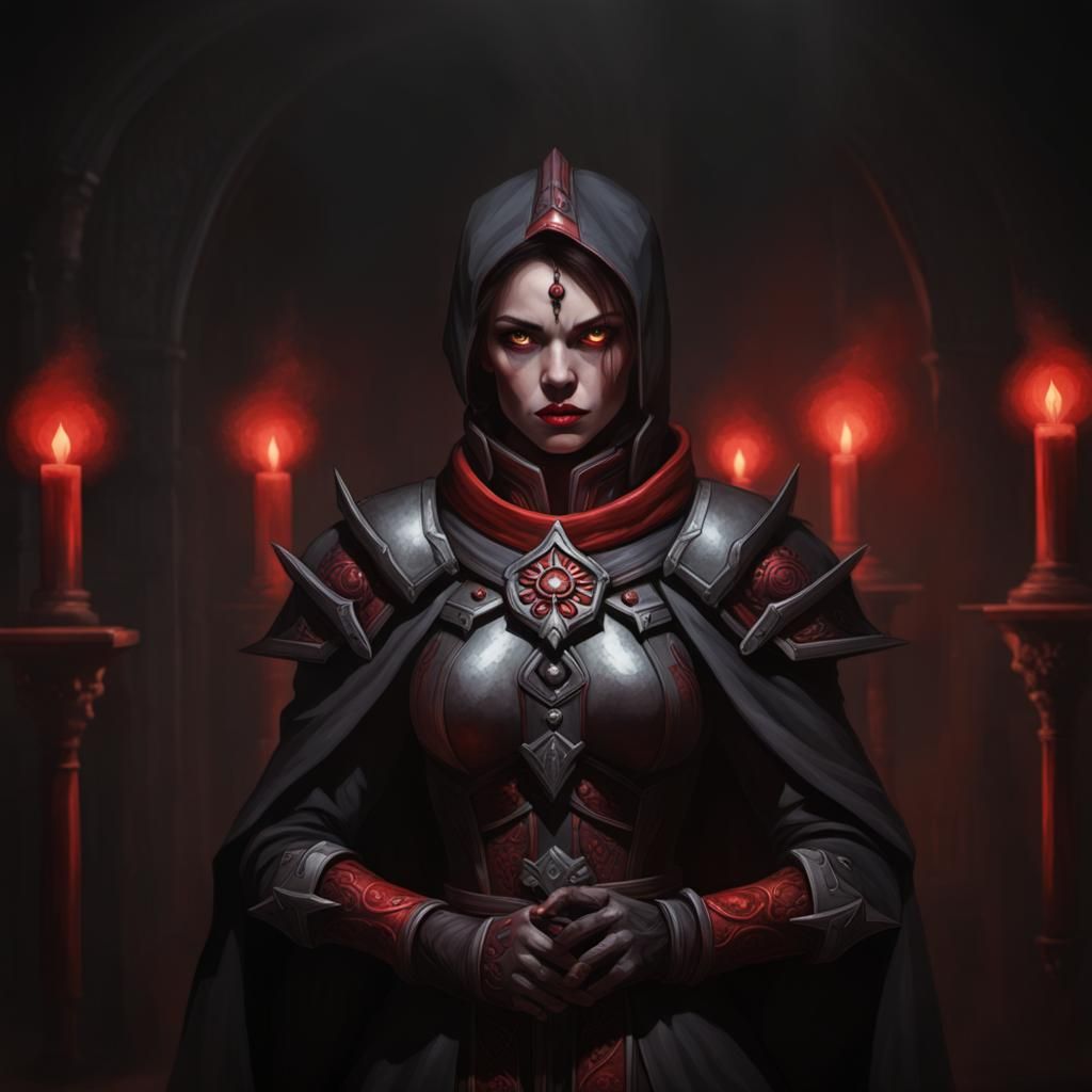 Angry Female Inquisitor with Glowing Red Ornaments