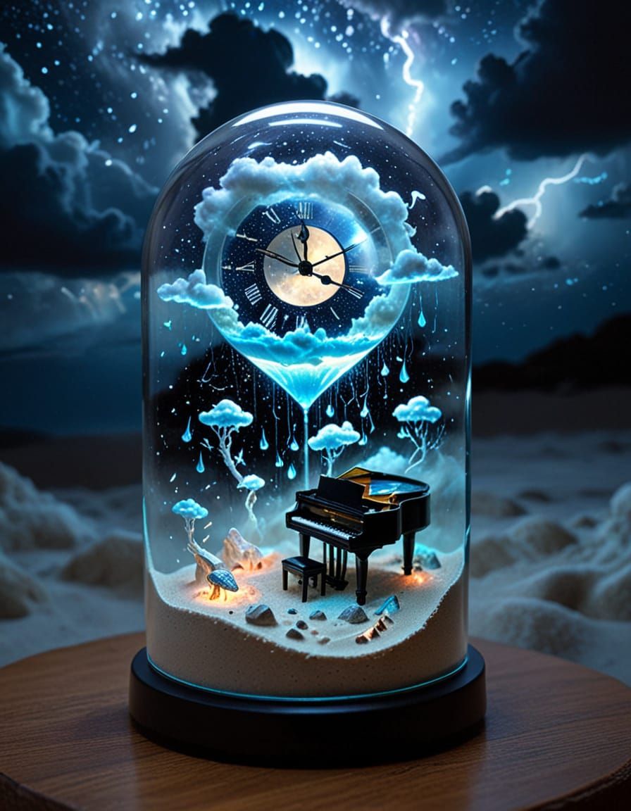 Glowing Sand Clock with Piano and Thunderstorm