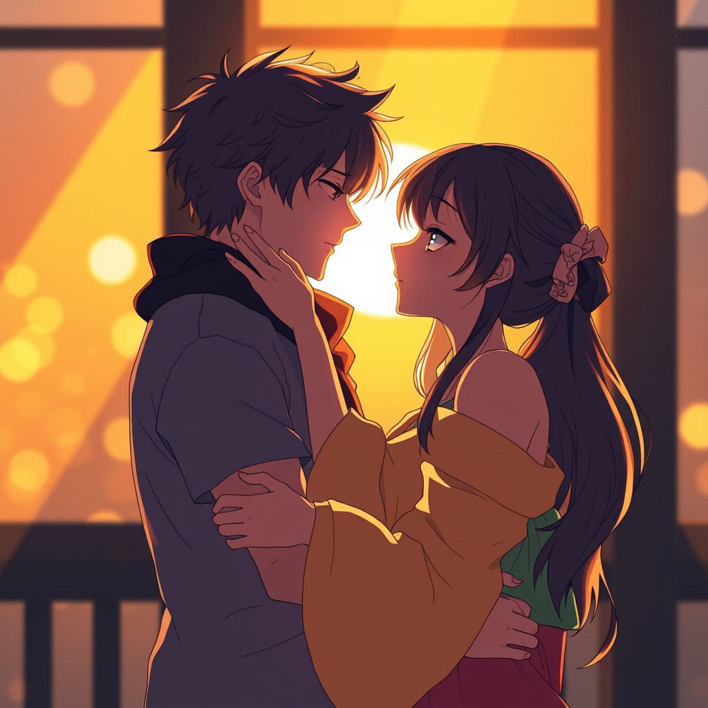 Romantic Anime Couple Embrace in Golden Light