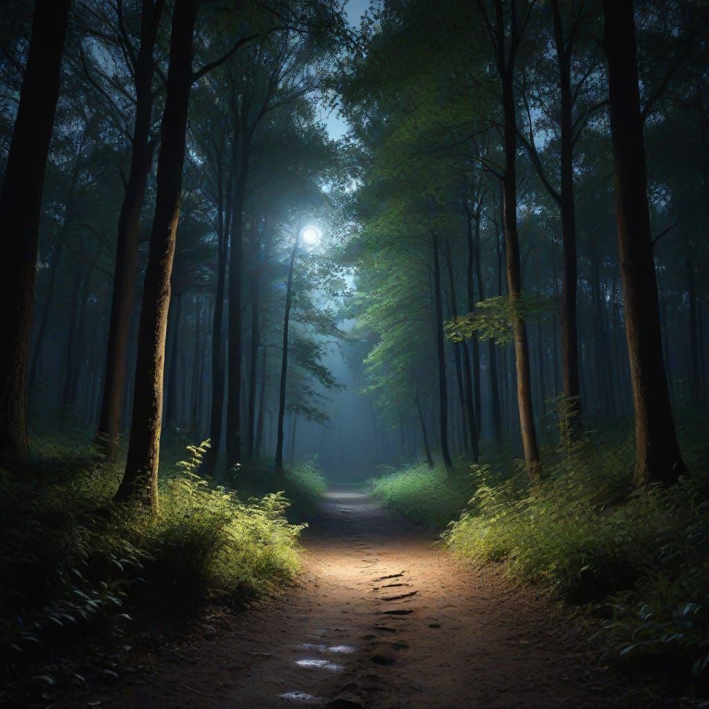 Moonlit Forest Path at Night