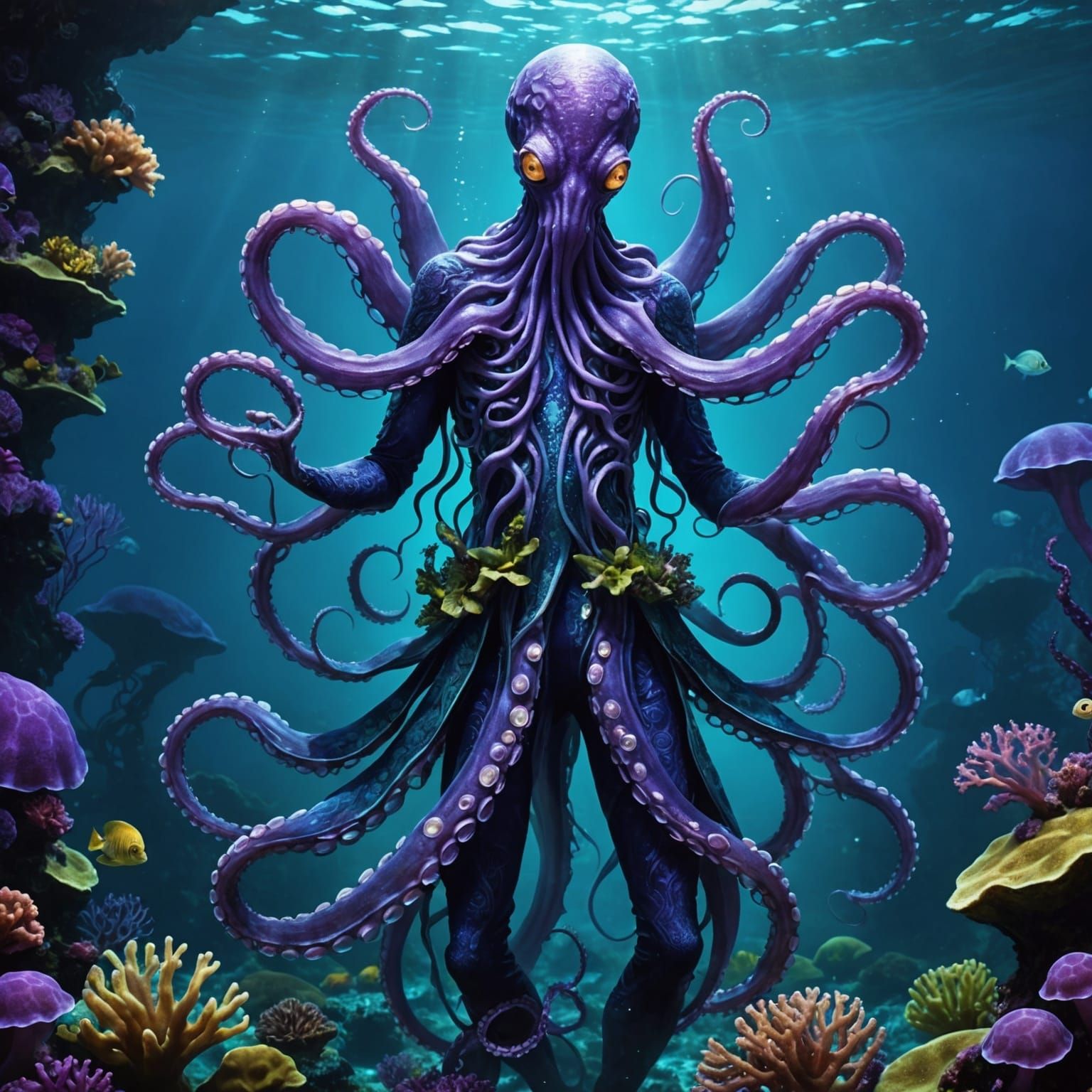 Underwater Hybrid: Humanoid Octopus in Bioluminescent Sea