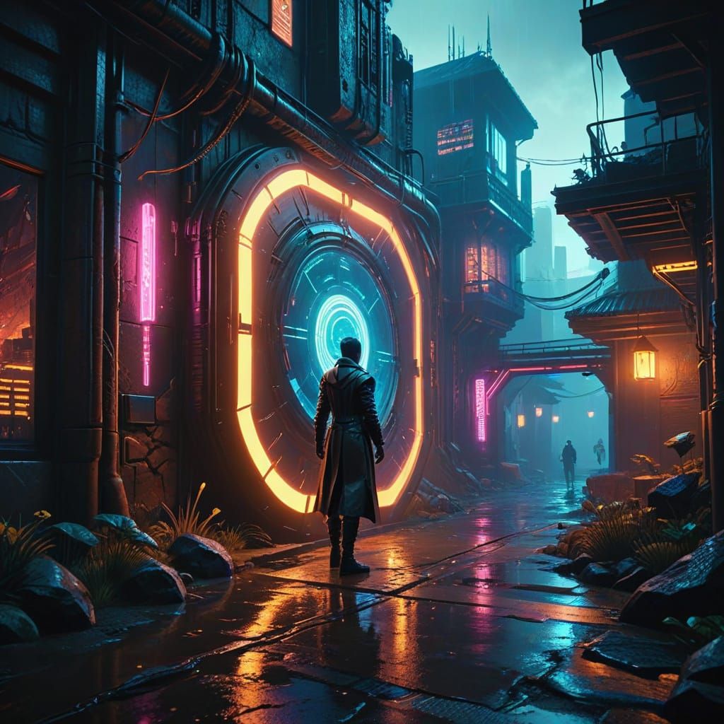 Cyberpunk Scientist's Medieval Portal: A Cinematic Still