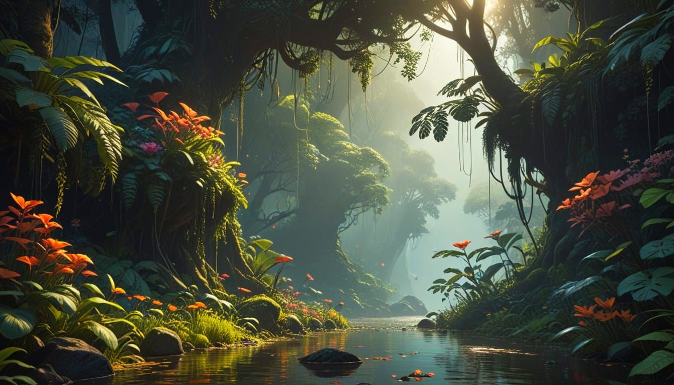 River in the Jungle with Hyperdetailed Lighting