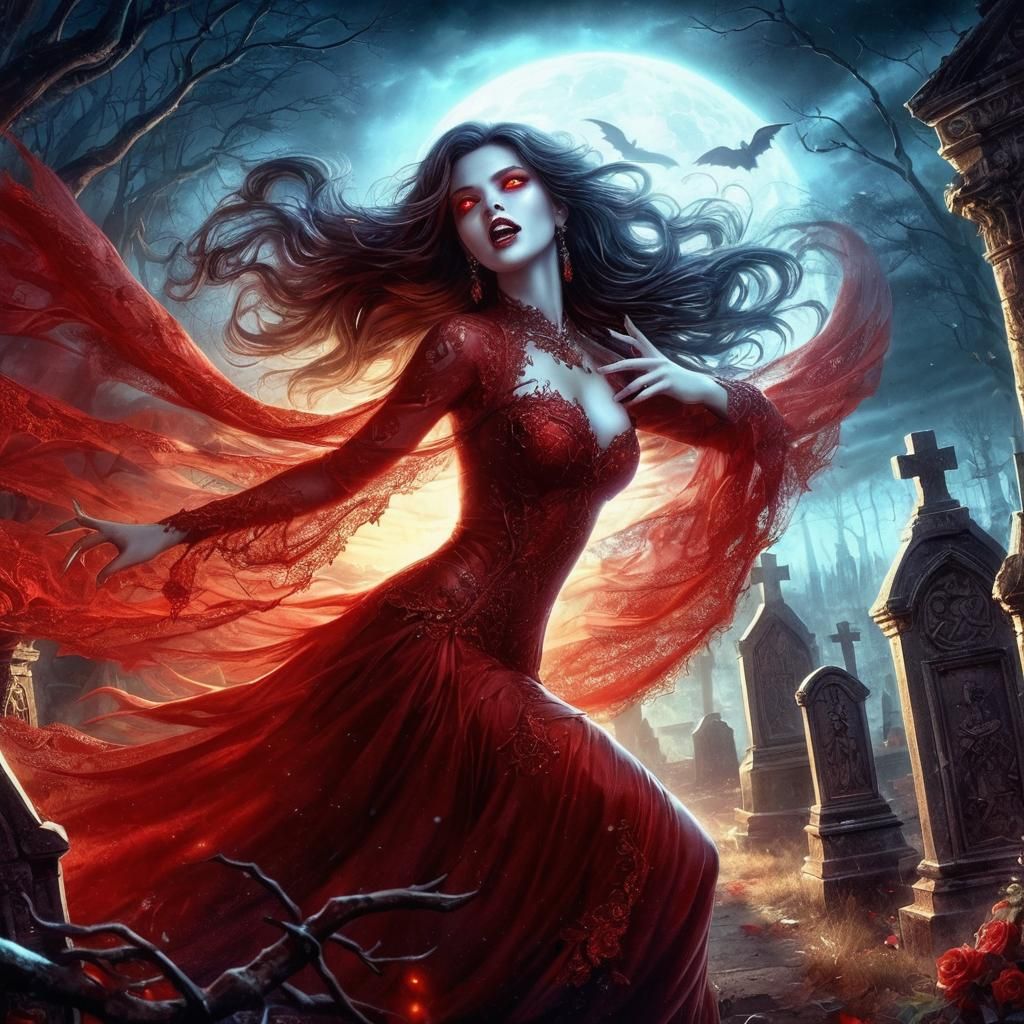Vampire Awakening in Gothic Graveyard: Fantasy Artwork