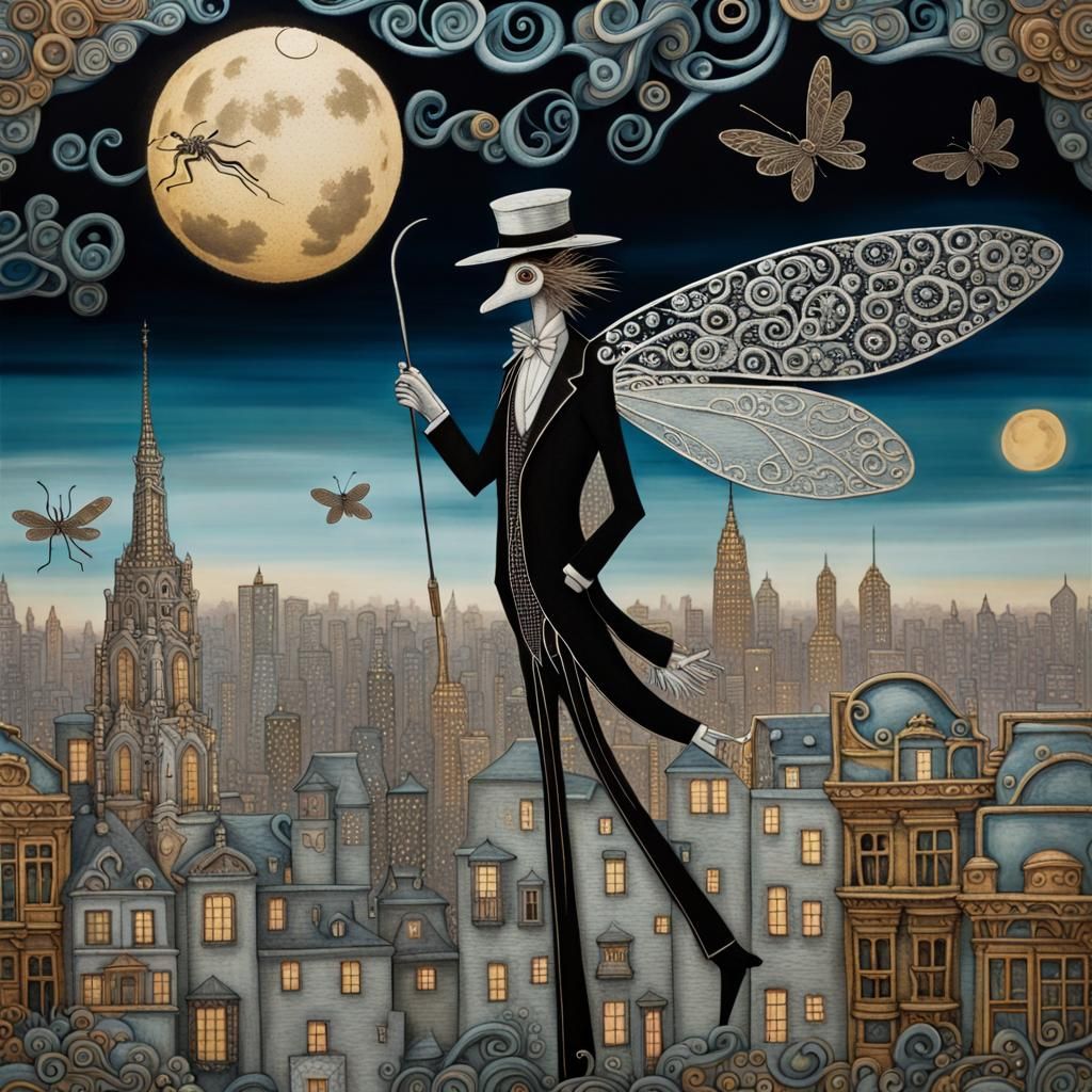 Gentleman Mosquito Flies in Moonlit City, Klimt Style