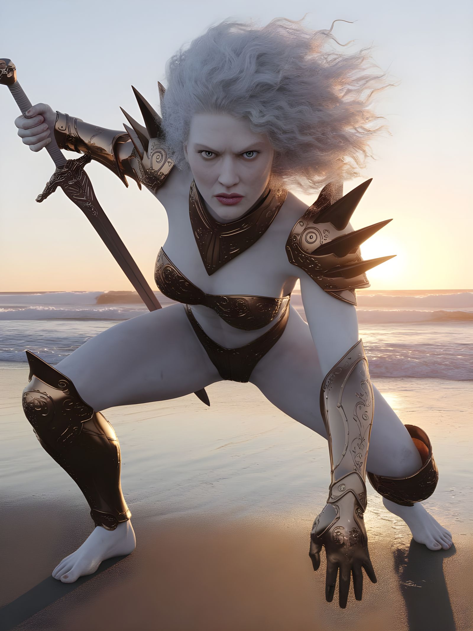 Albino Warrior Woman in Bronze Armor at Sunset