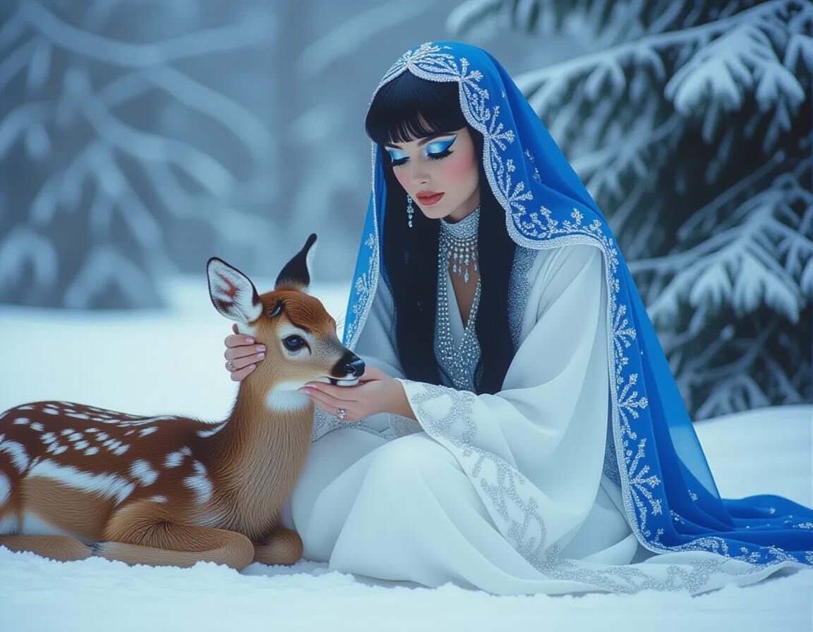 Snow Queen Kneels with Fawn in Gothic Attire