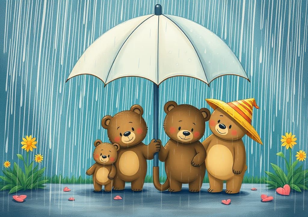 Bear Family in Rain: Whimsical Storybook Illustration