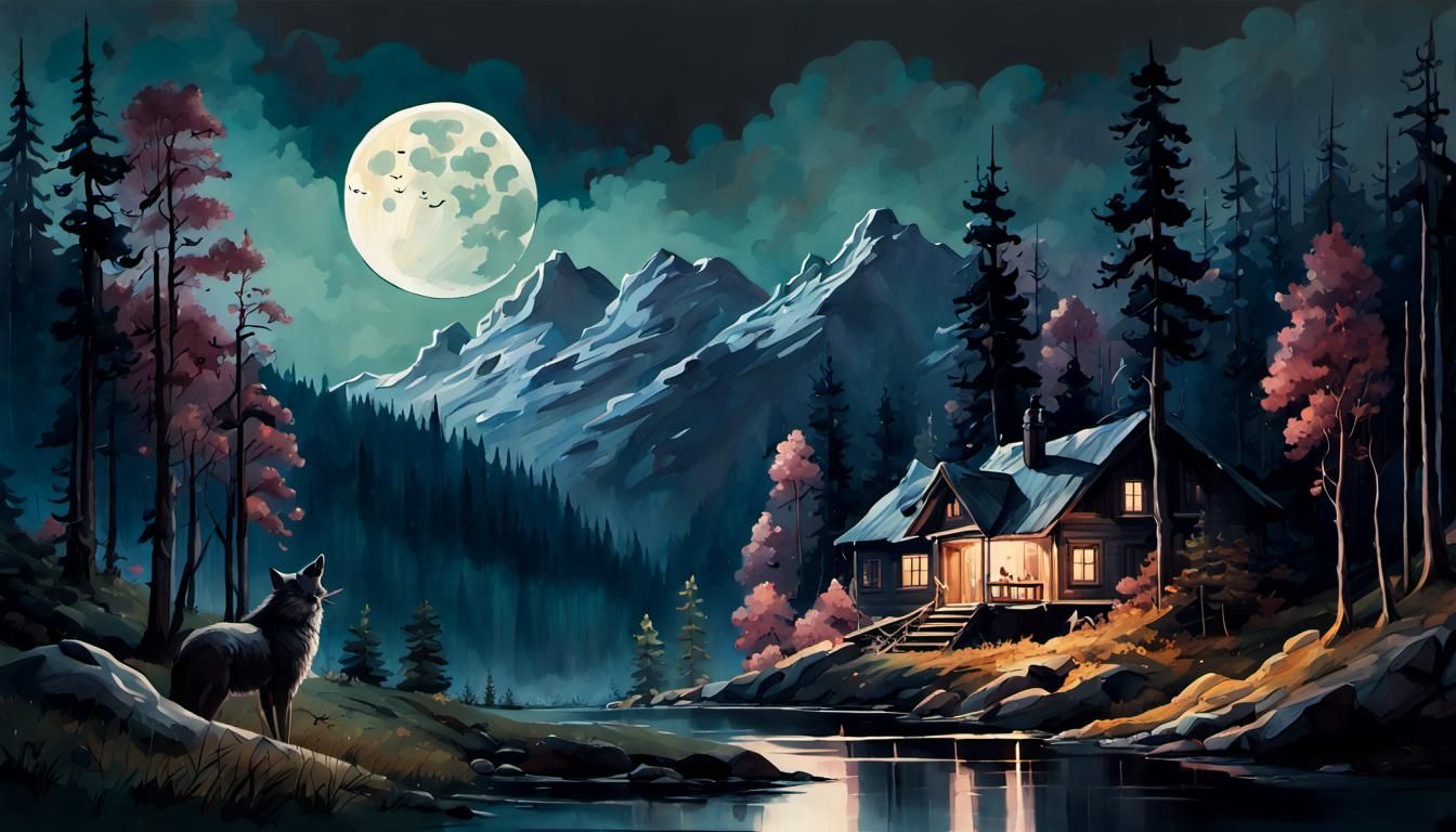 Night Forest House in Watercolour Painting Style