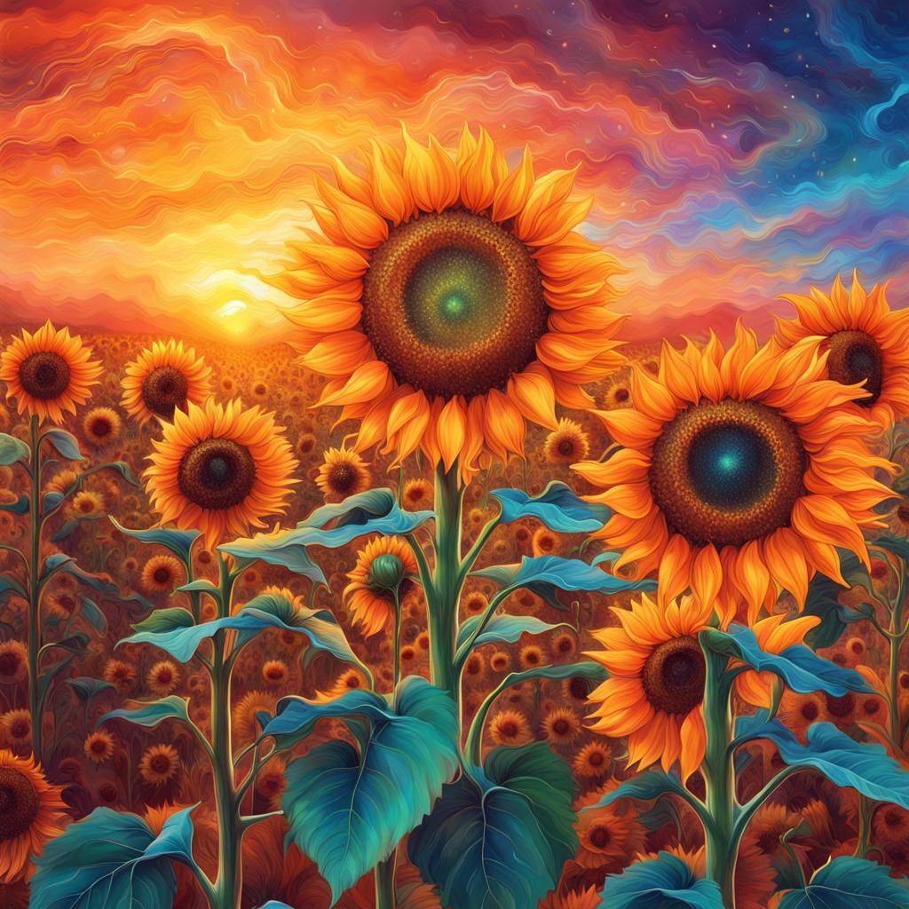 Radiant Sunflowers under Astral Sunset Sky