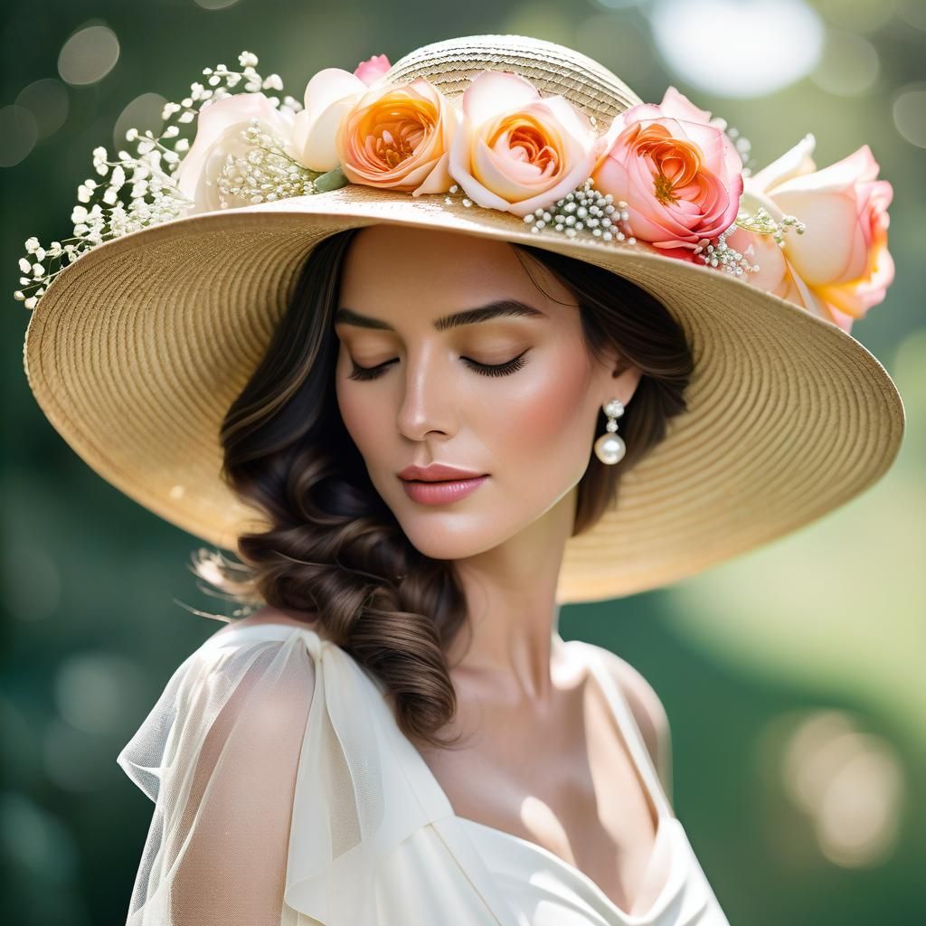 Wide-Brimmed Hat Portrait with Roses and Pearls