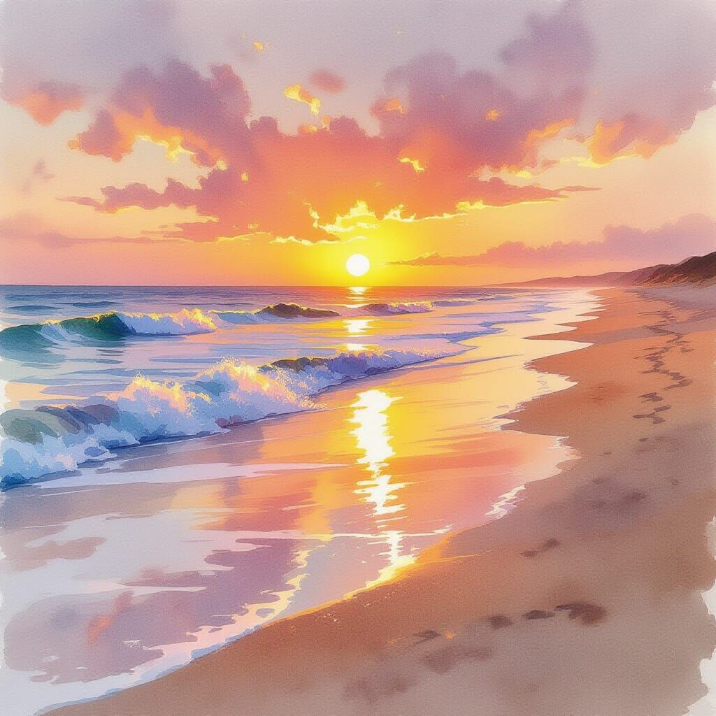 Watercolor Sunset Over Sandy Shore