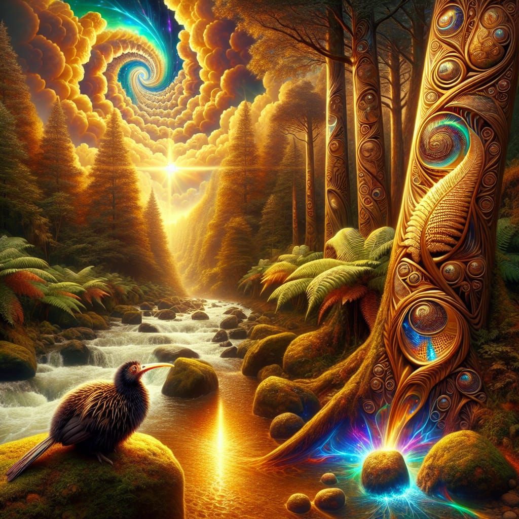 New Zealand Forest with Maori Carvings and Psychedelic Ferns