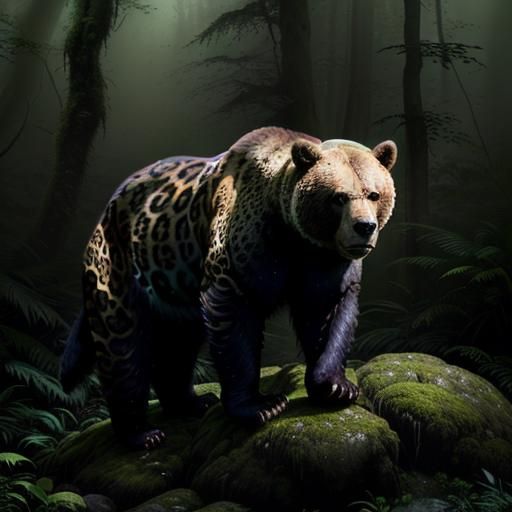 Bear-Jaguar Hybrid in Misty Rainforest: Wildlife Photography
