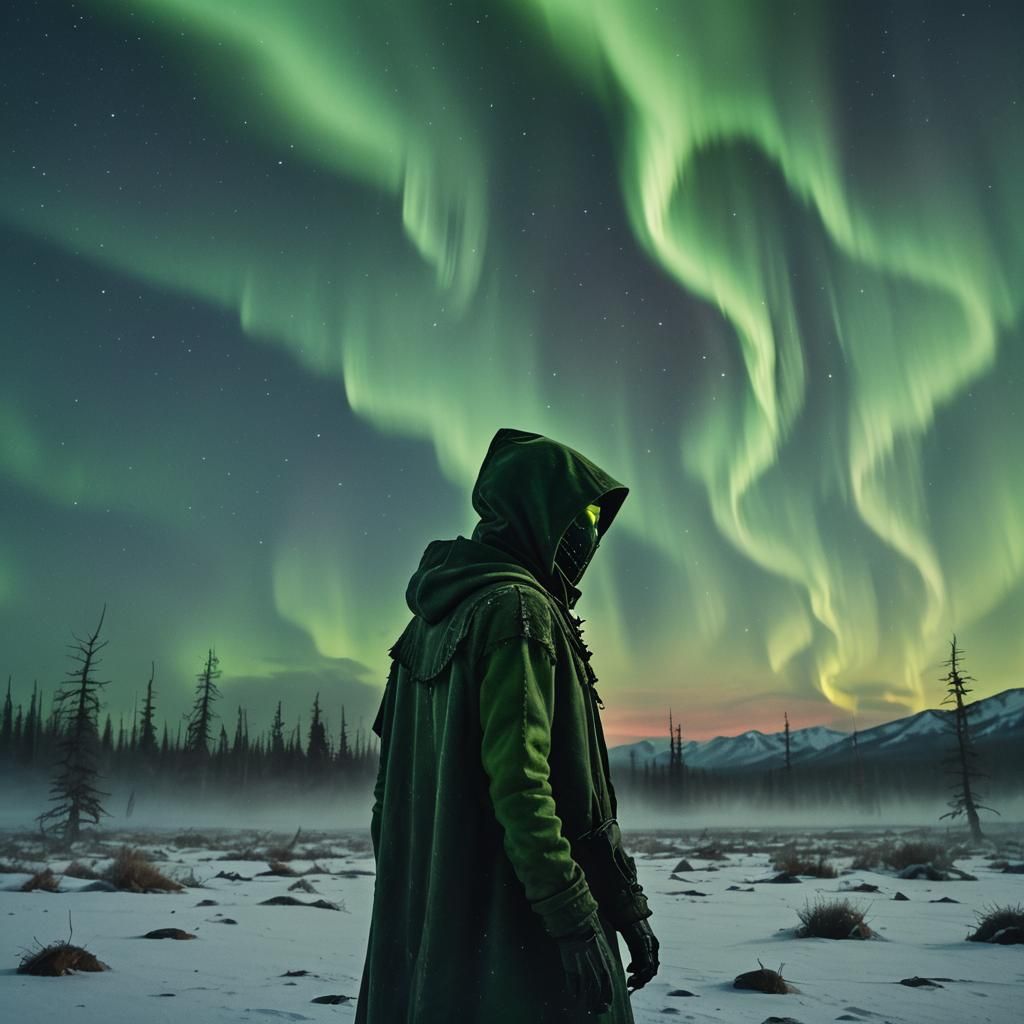 Pensive Green Alien Under Aurora Borealis