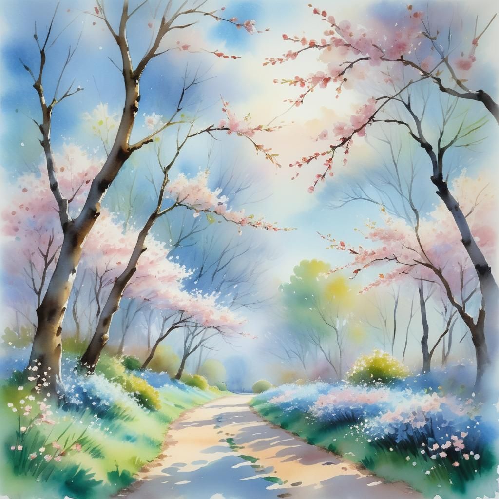 Sakura Trees in Impressionistic Watercolour Landscape
