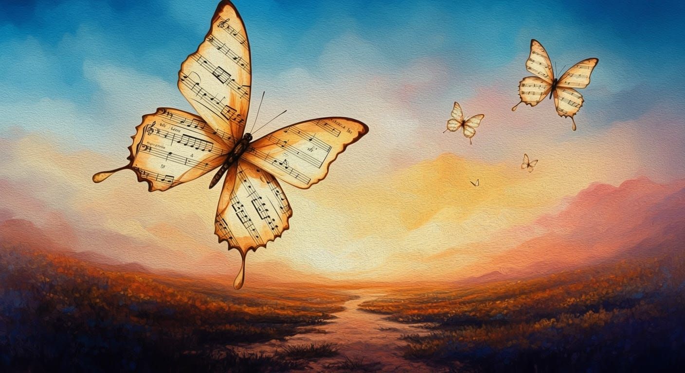 Surreal Butterflies Dance in a Dreamlike Landscape of Music