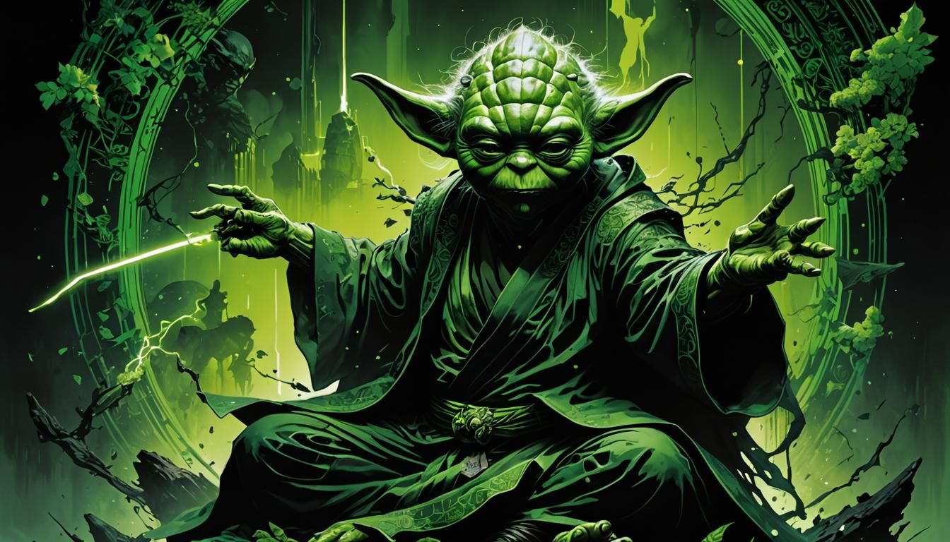 Dark Fantasy Yoda Cover Illustration in Digital Art Style