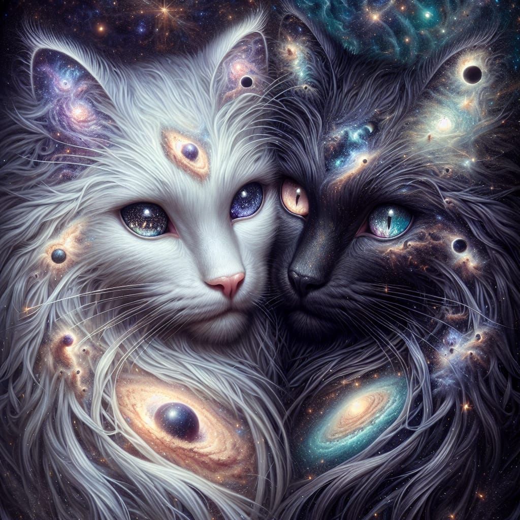 Celestial Cats Embrace in Fantasy Galaxy