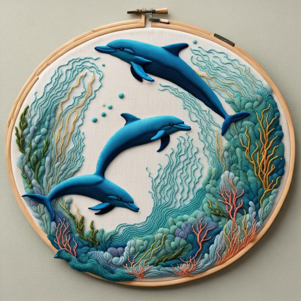 Enchanting Embroidered Dolphins Underwater
