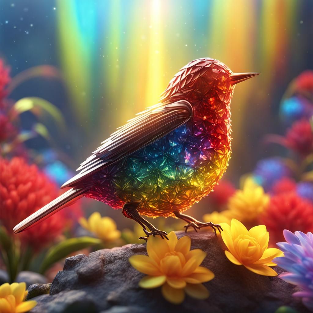Crystal Bird with Jamaican Flowers, Digital Art