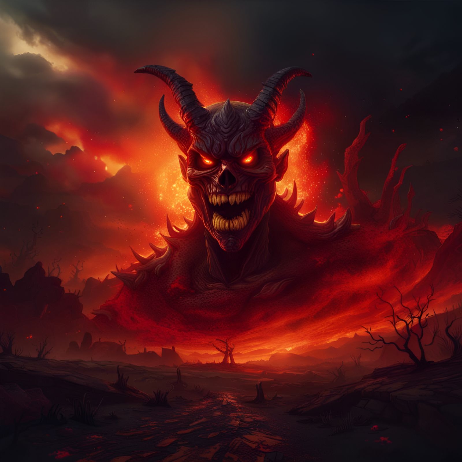 Demonic Horror Face over Barren Landscape