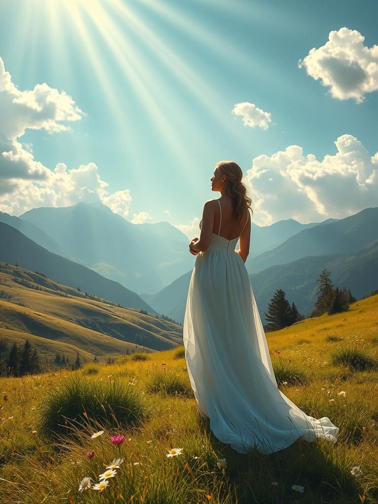 Ethereal Woman in Meadow Bathed in Golden Light