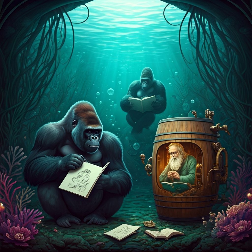 Surreal Gorillas Read Philosophy Underwater, Art Nouveau