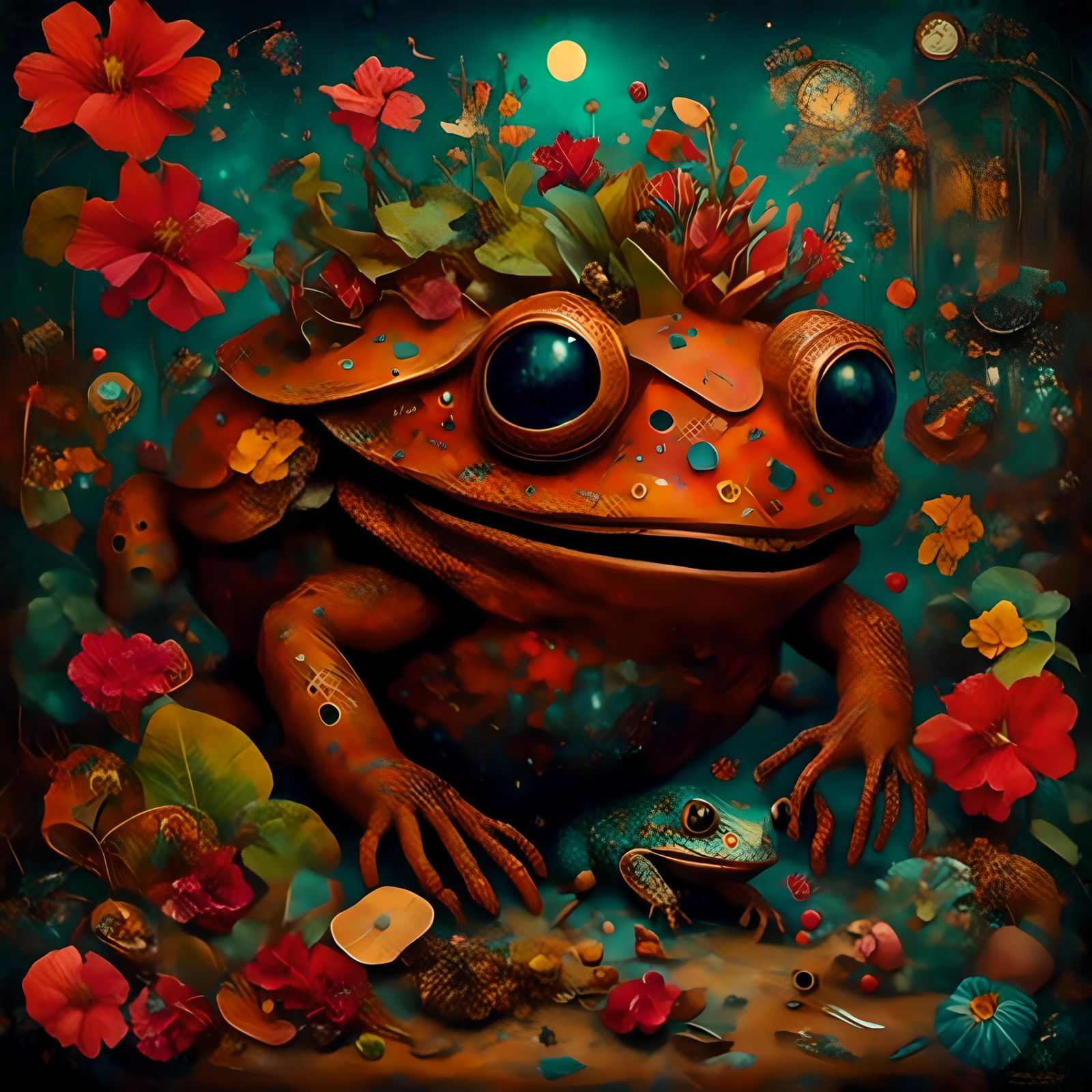 Toad on Tropical Beach with Hibiscus in 70s Style