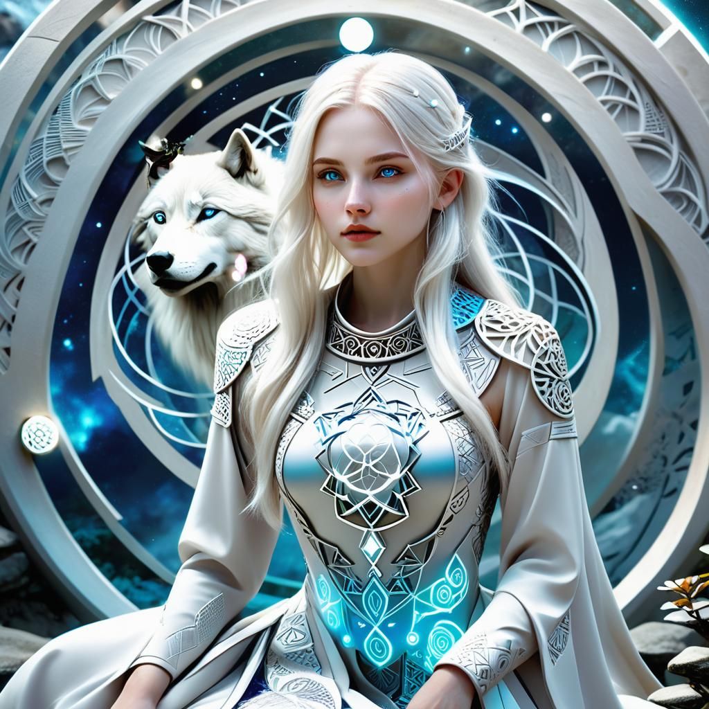 Girl and White Wolf in Surreal Zen Garden